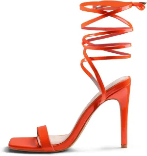 Zhabtuc Women Strappy Heeled Sandals Sexy Ankle Strap Lace Up Square Toe High Heels for Party Evening Sandals Shoes Orange