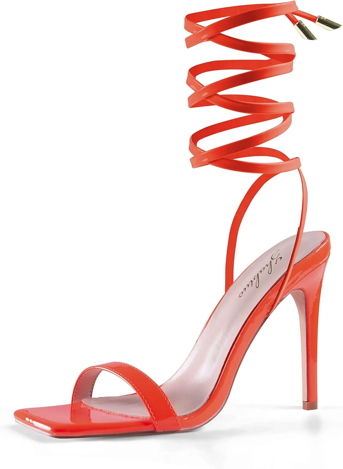 Zhabtuc Women Strappy Heeled Sandals Sexy Ankle Strap Lace Up Square Toe High Heels for Party Evening Sandals Shoes Orange