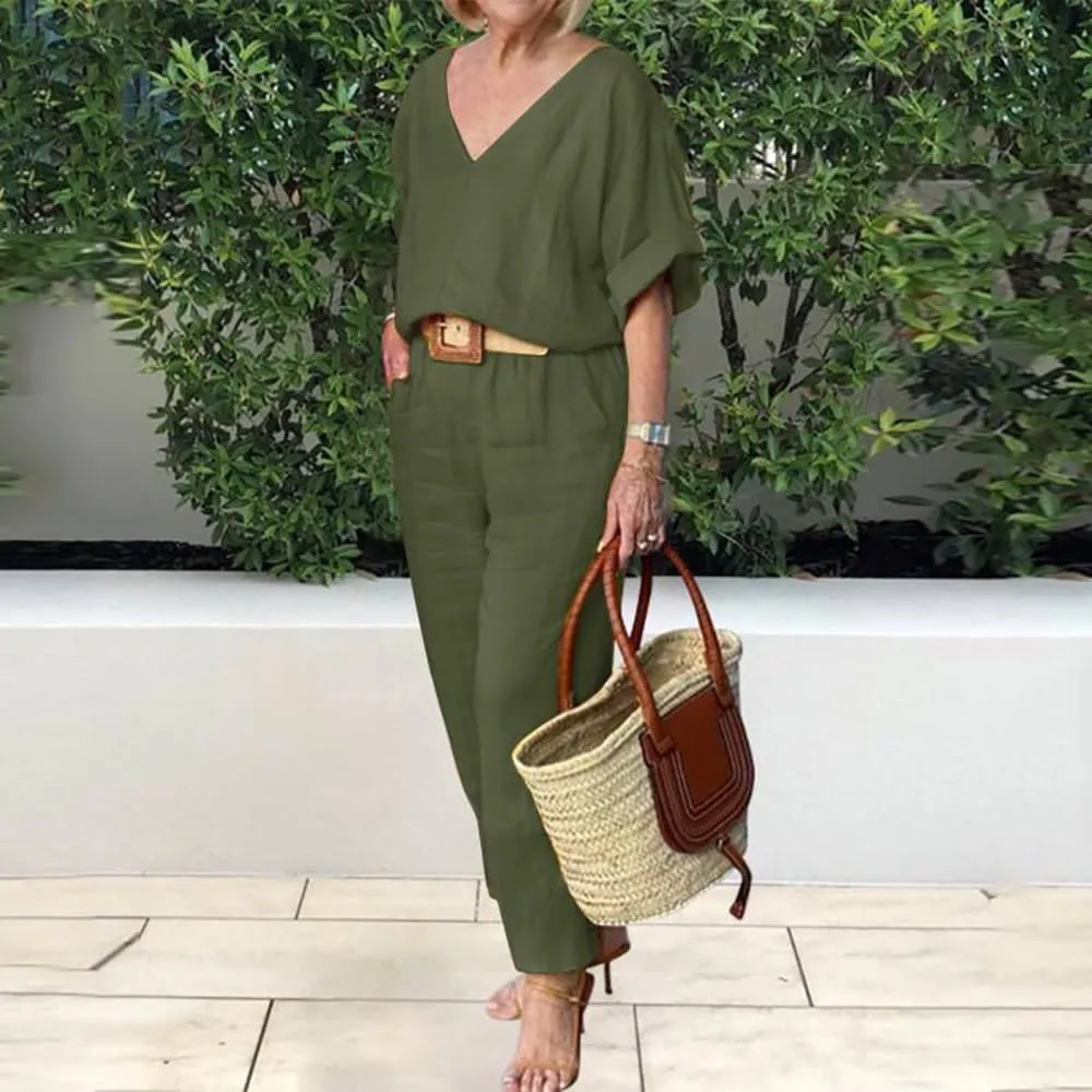 ZOCAVIA Women's Cotton Linen 2 Piece Sets Summer Casual Short Sleeve V Neck Shirt Blouse Wide Leg Pants Solid Lounge Sets