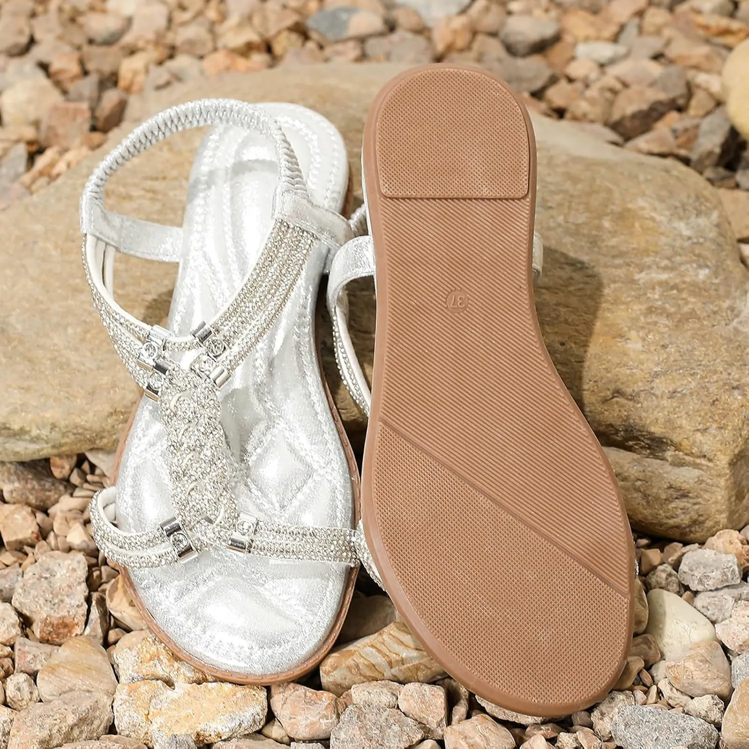ZSpzx Women's Wedding Sandals Crystal with Rhinestone Women Open Toe Beaded Bohemian Sparkly Sandals Dress Dressy Summer Flip Flops Shoes for Street Work Travel Wedding