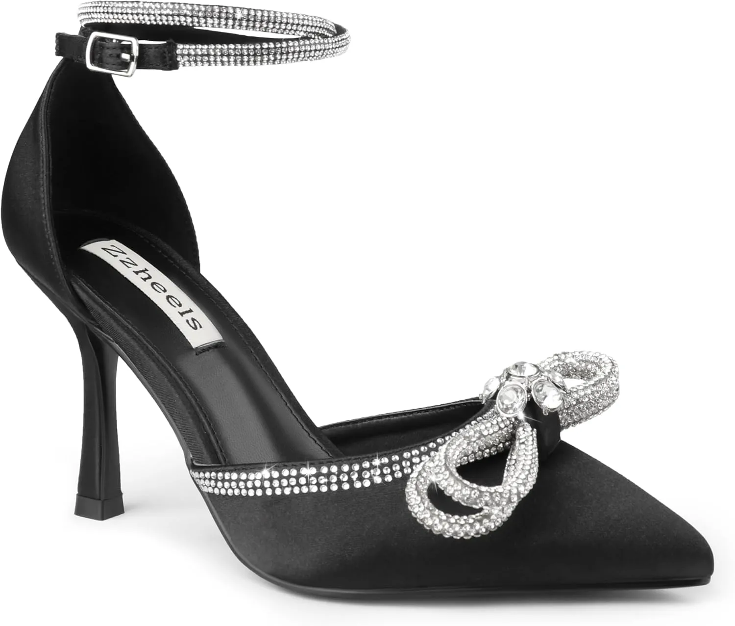 Zzheels Women's Wedding Heels Sparkly Rhinestone Stiletto Pumps Bow Heels Pointed Toe Ankle Strap High Heels Bridal Party Dress Shoes