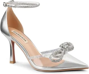 Zzheels Women's Wedding Heels Sparkly Rhinestone Stiletto Pumps Bow Heels Pointed Toe Ankle Strap High Heels Bridal Party Dress Shoes