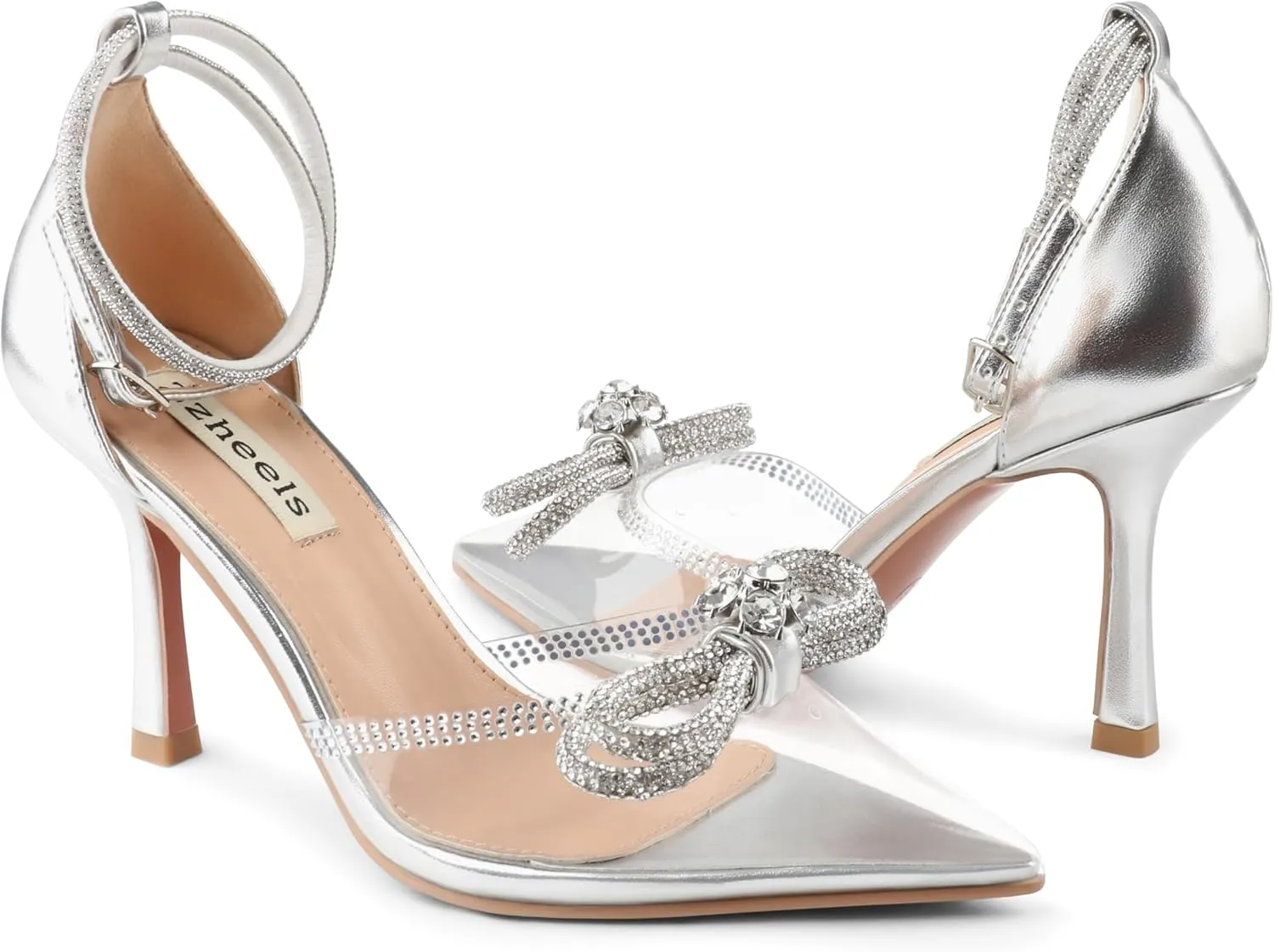Zzheels Women's Wedding Heels Sparkly Rhinestone Stiletto Pumps Bow Heels Pointed Toe Ankle Strap High Heels Bridal Party Dress Shoes