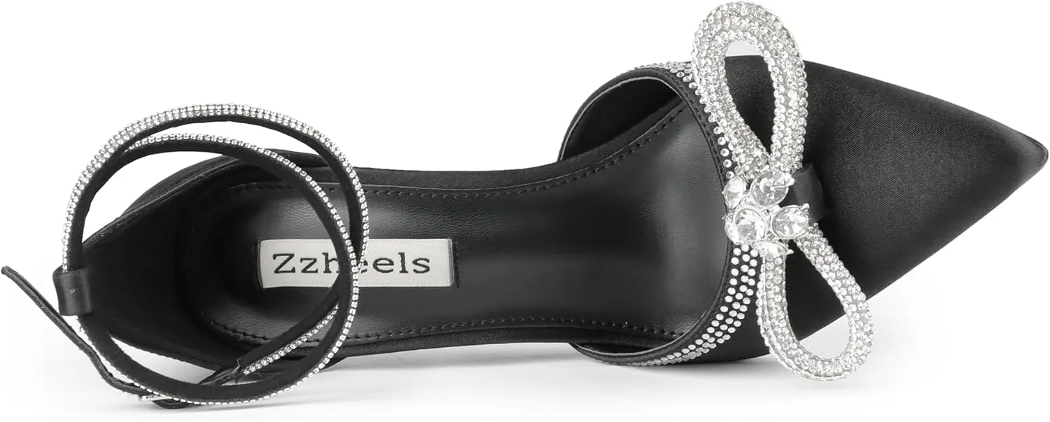 Zzheels Women's Wedding Heels Sparkly Rhinestone Stiletto Pumps Bow Heels Pointed Toe Ankle Strap High Heels Bridal Party Dress Shoes