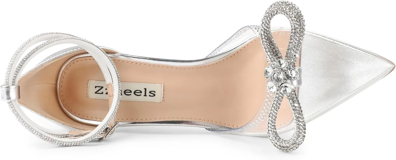 Zzheels Women's Wedding Heels Sparkly Rhinestone Stiletto Pumps Bow Heels Pointed Toe Ankle Strap High Heels Bridal Party Dress Shoes